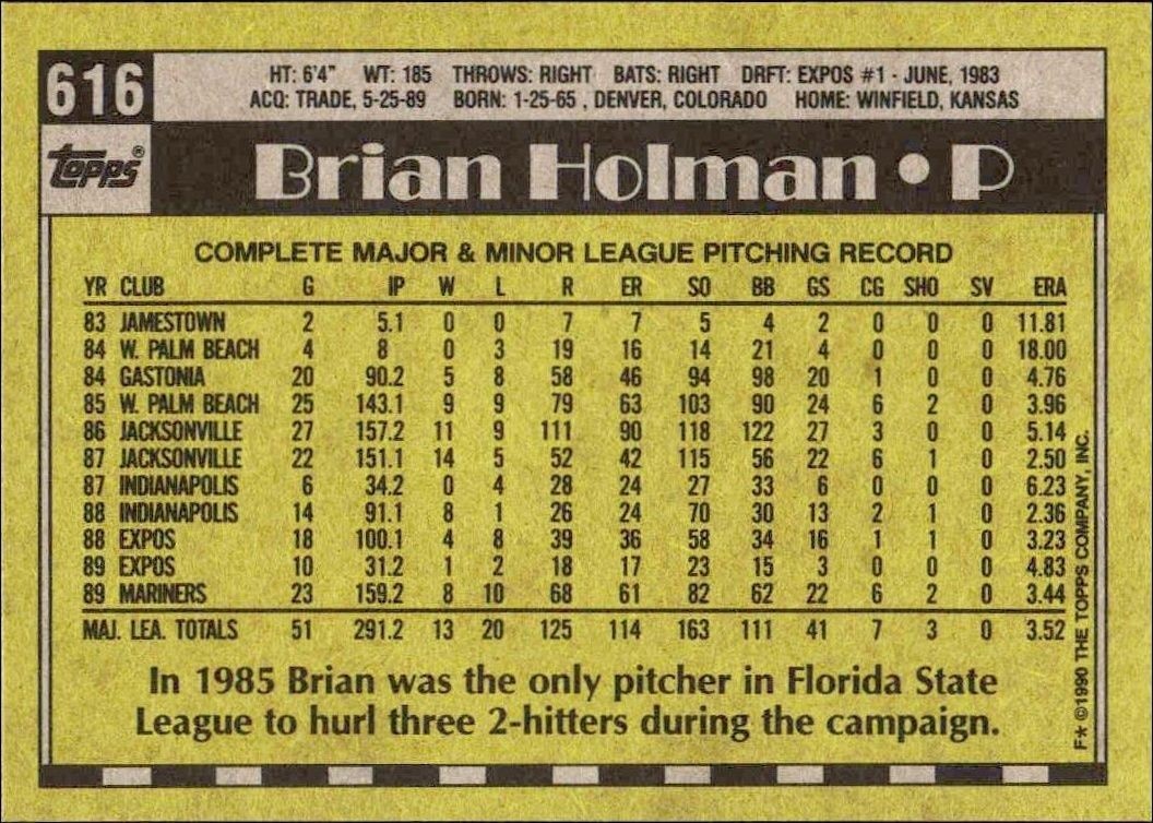 1990 Topps Brian Holman #616 baseball trading card back