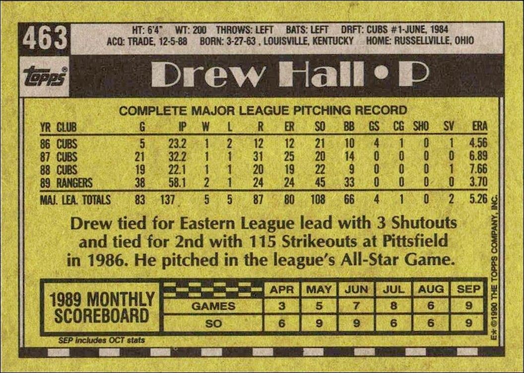 1990 Topps Drew Hall #463 baseball trading card back