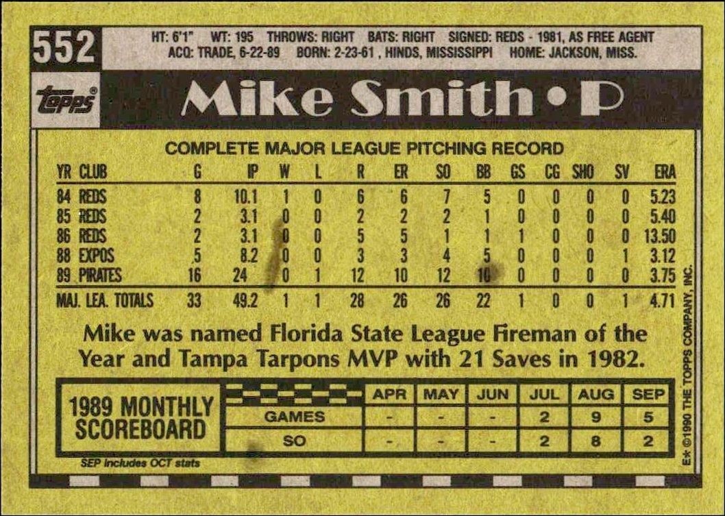 1990 Topps Mike Smith #552 baseball trading card back