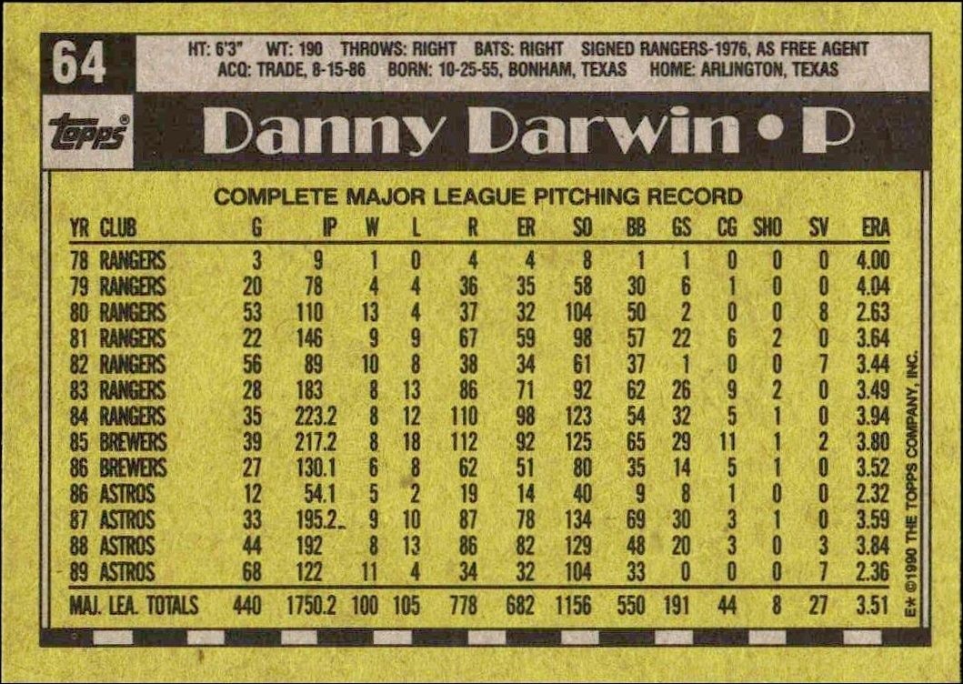 1990 Topps Danny Darwin #64 baseball trading card back