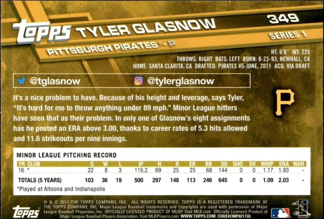 2017 Topps Tyler Glasnow #349 baseball trading card back