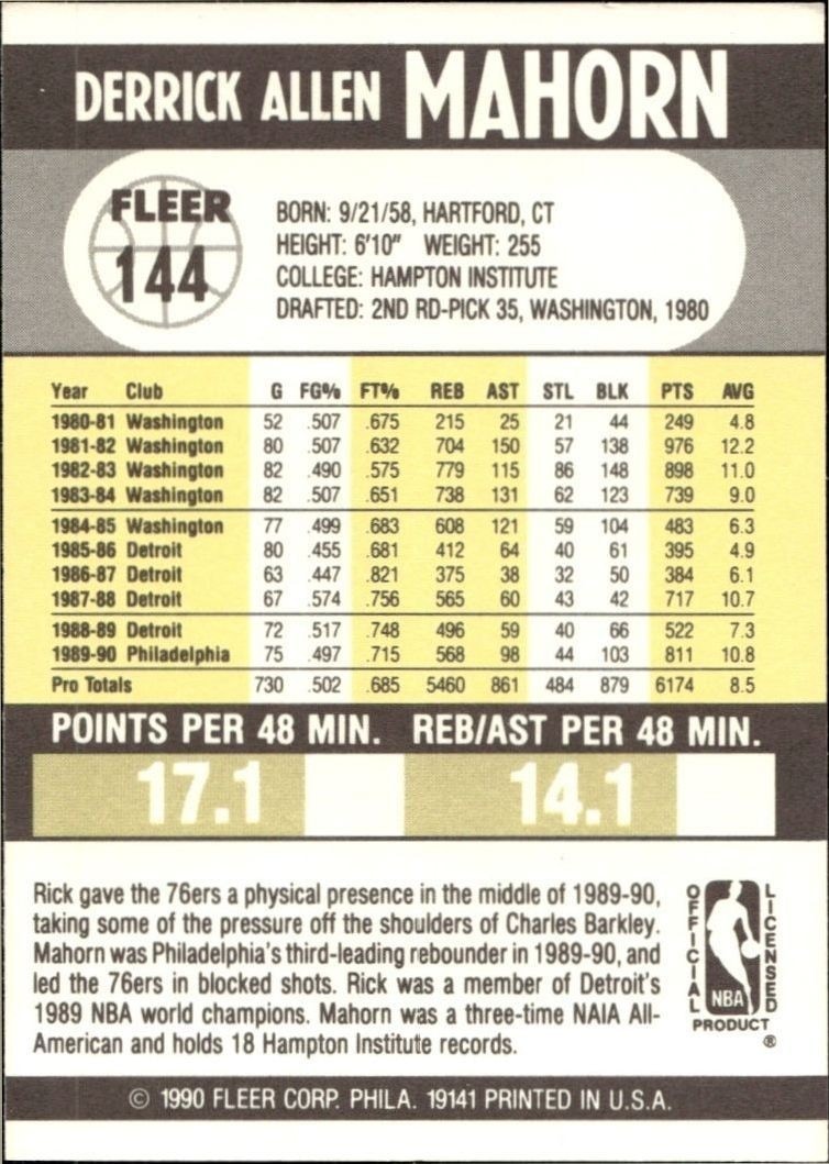 1990-91 Fleer Rick Mahorn #144 basketball trading card back