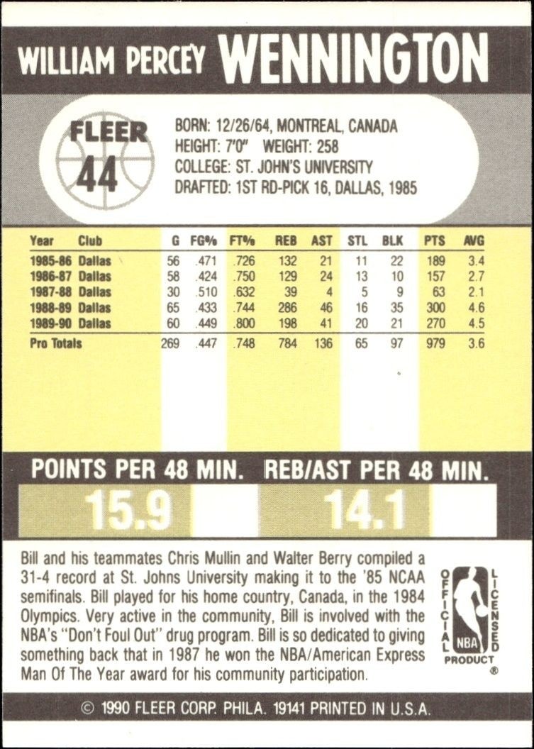 1990-91 Fleer Bill Wennington #44 basketball trading card back