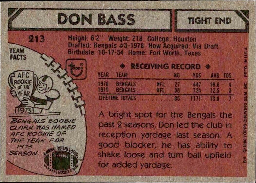 1980 Topps Don Bass #213 football trading card back