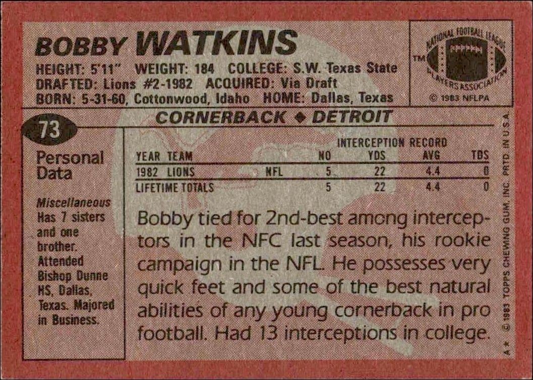 1983 Topps Bobby Watkins #73 football trading card back