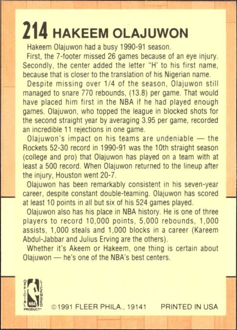 1991-92 Fleer Hakeem Olajuwon #214 basketball trading card back