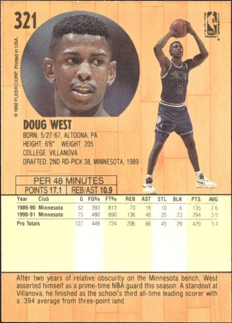 1991-92 Fleer Doug West #321 basketball trading card back