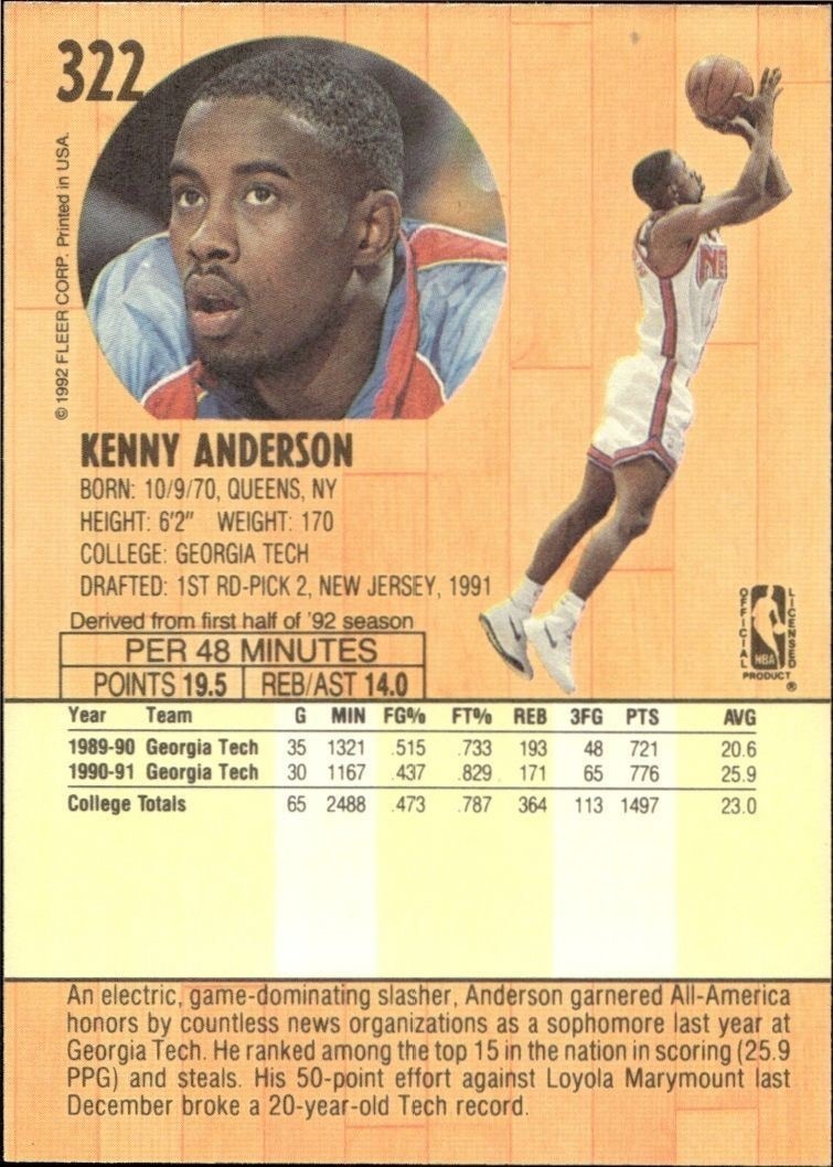1991-92 Fleer Kenny Anderson #322 basketball trading card back