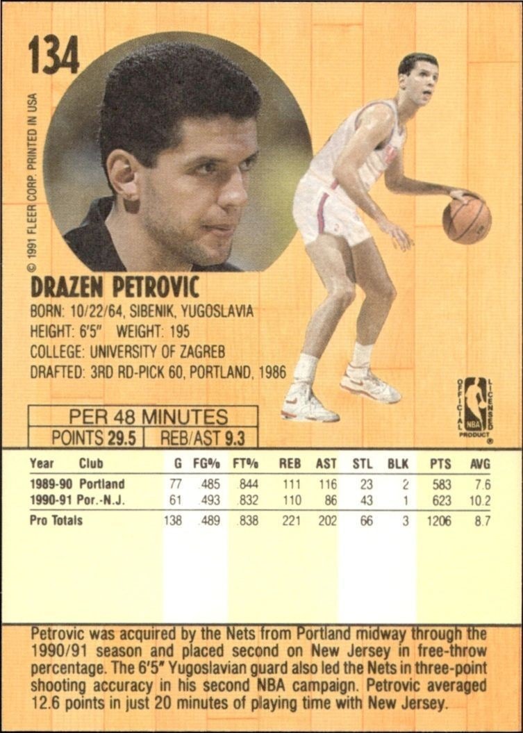 1991-92 Fleer Drazen Petrovic #134 basketball trading card back