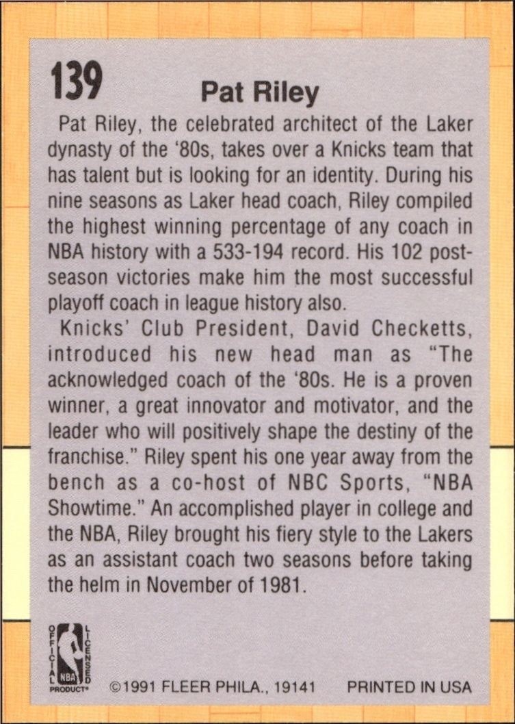 1991-92 Fleer Pat Riley #139 basketball trading card back
