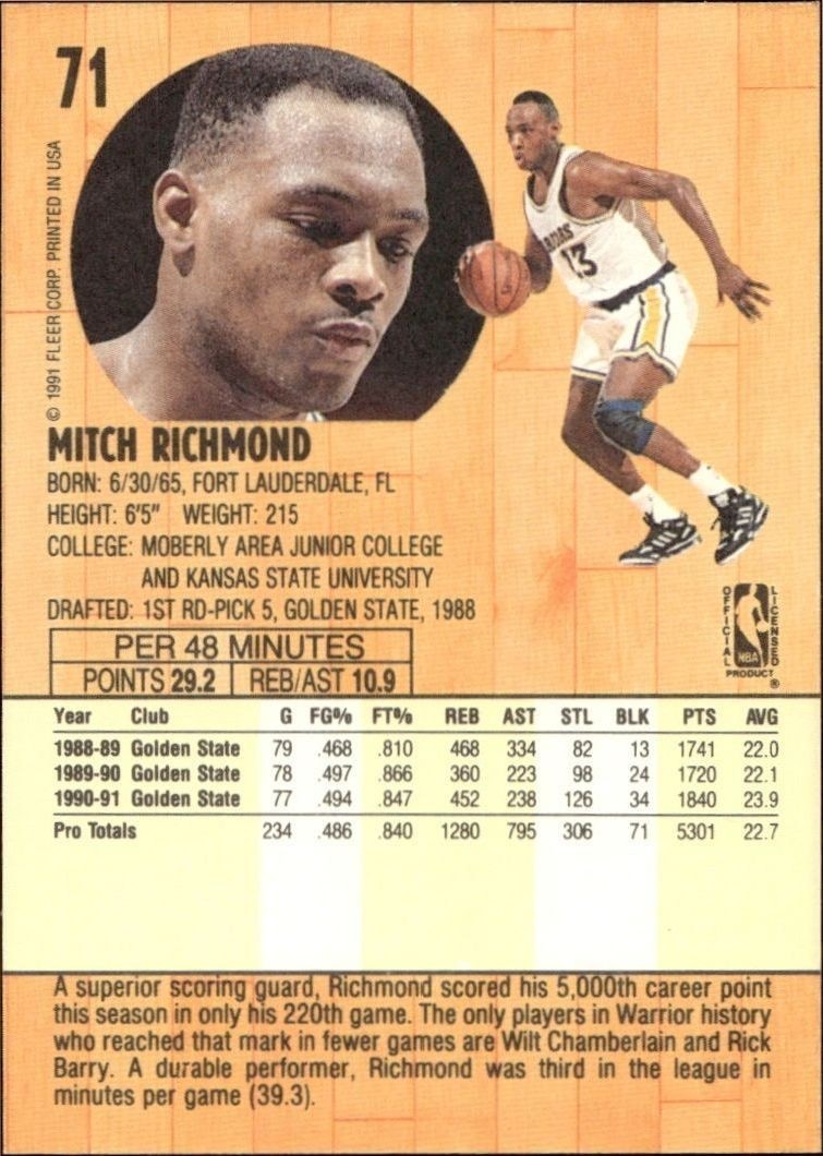 1991-92 Fleer Mitch Richmond #71 basketball trading card back