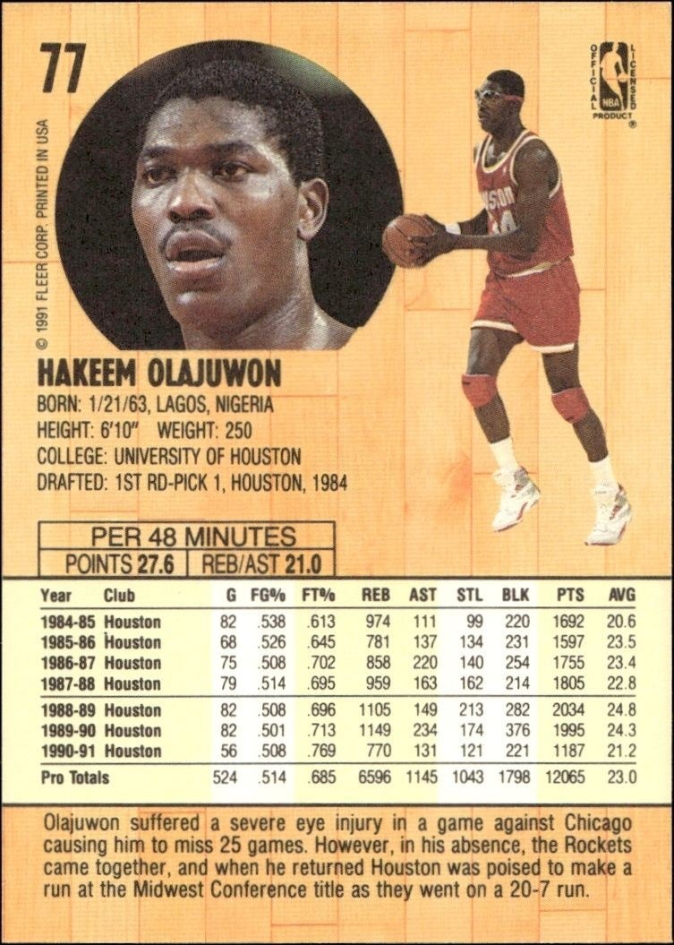 1991-92 Fleer Hakeem Olajuwon #77 basketball trading card back