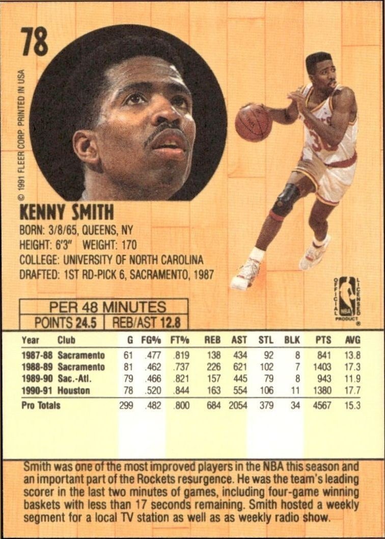1991-92 Fleer Kenny Smith #78 basketball trading card back