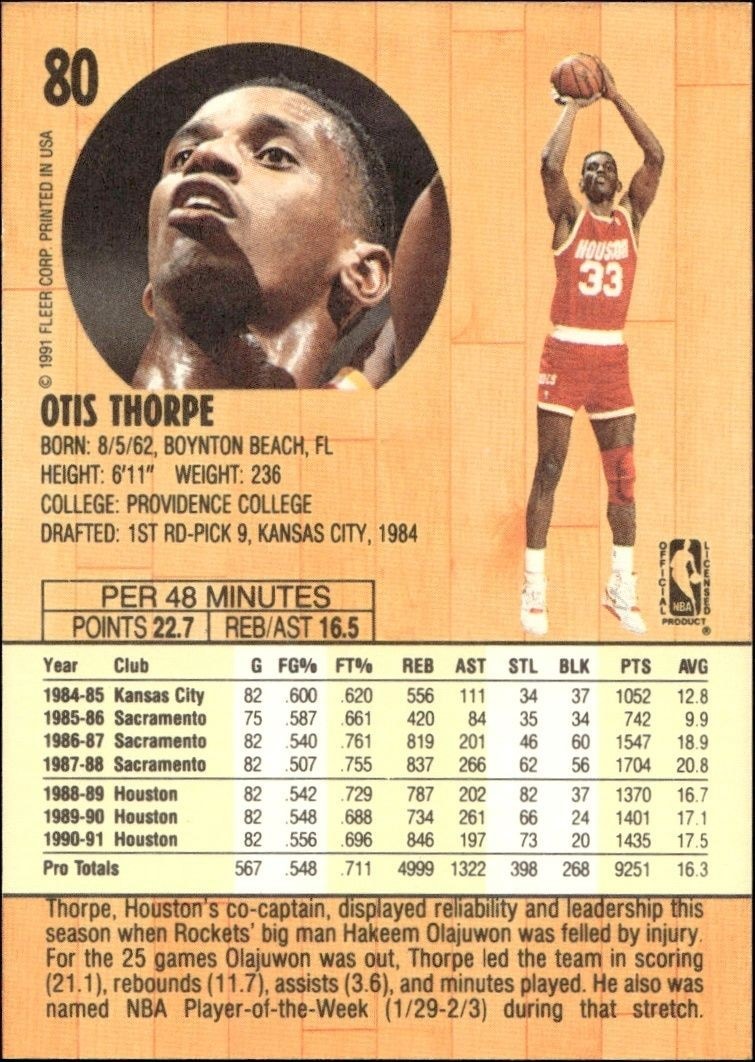 1991-92 Fleer Otis Thorpe #80 basketball trading card back