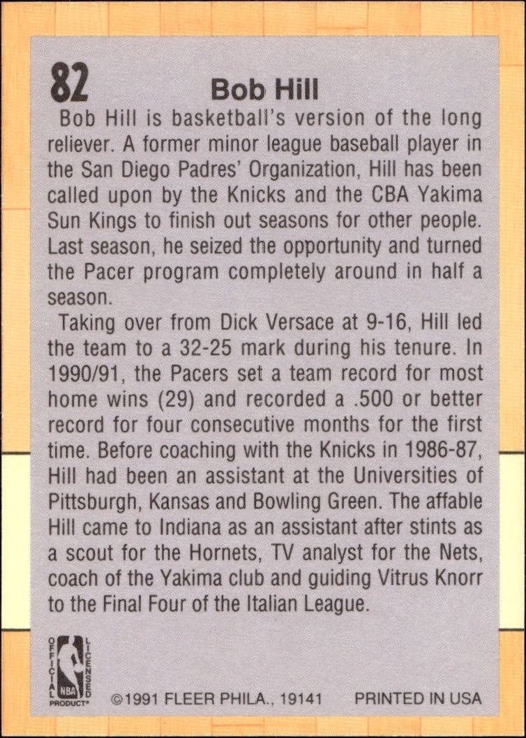 1991-92 Fleer Bob Hill #82 basketball trading card back