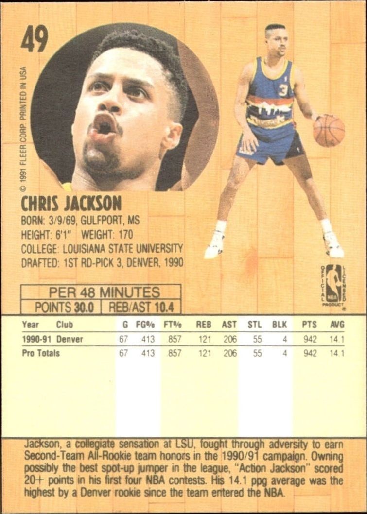 1991-92 Fleer Chris Jackson #49 basketball trading card back