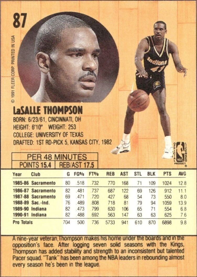 1991-92 Fleer LaSalle Thompson #87 basketball trading card back