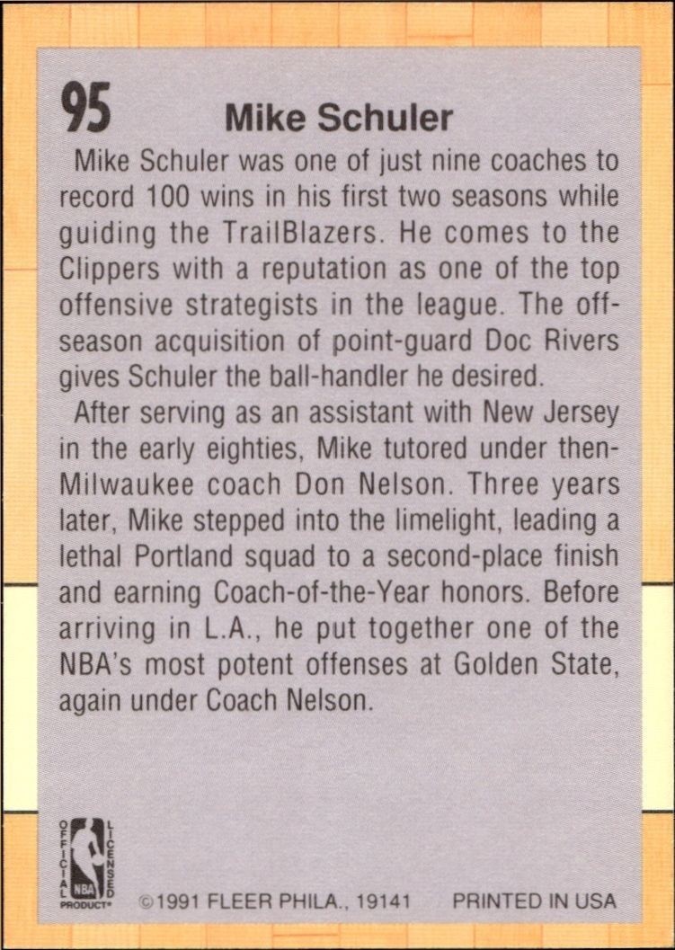 1991-92 Fleer Mike Schuler #95 basketball trading card back