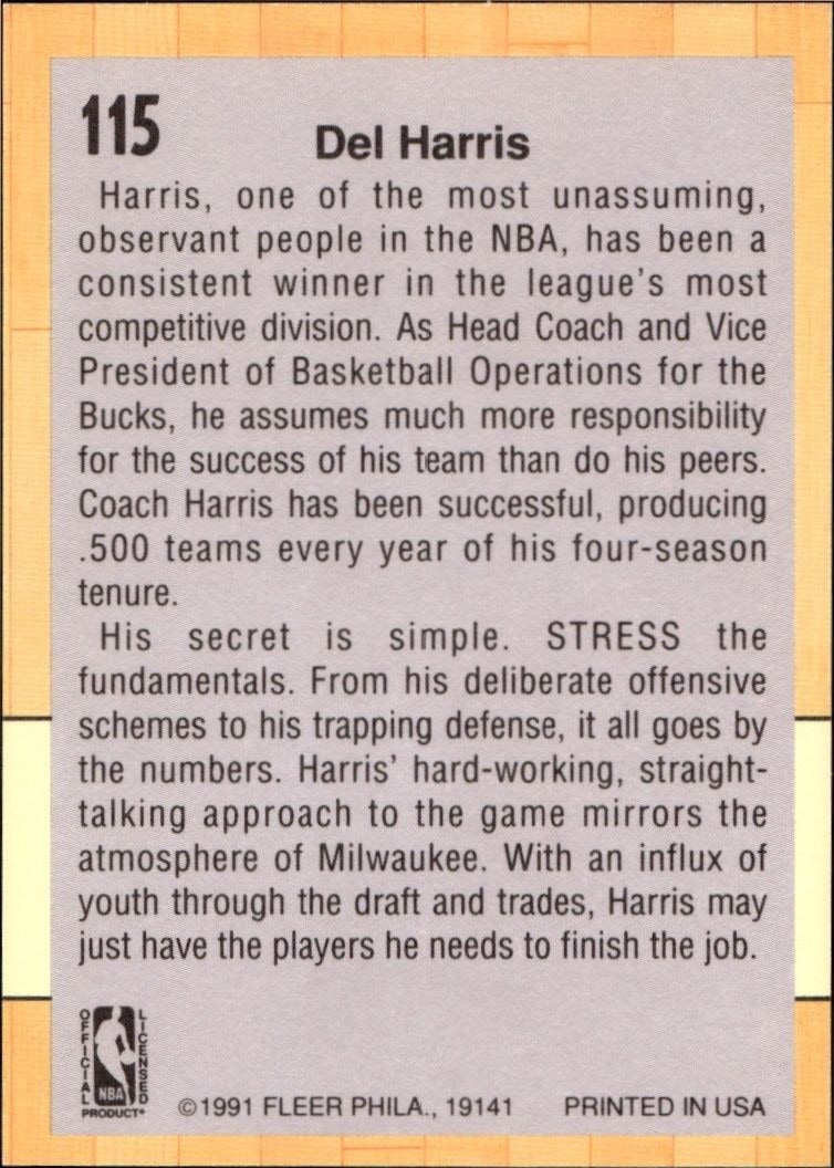 1991-92 Fleer Del Harris #115 basketball trading card back