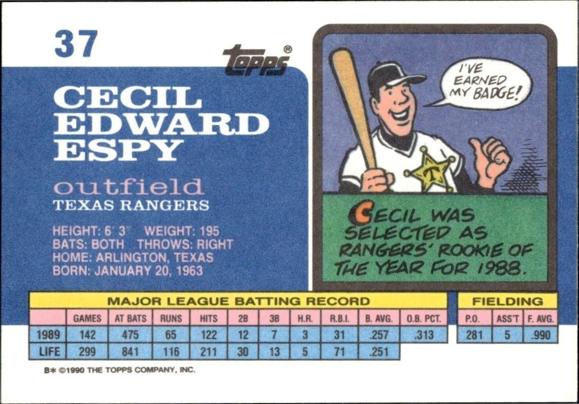 1990 Topps Big Cecil Espy #37 baseball trading card back