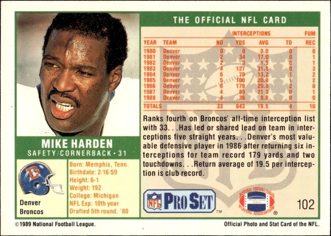 1989 Pro Set Mike Harden #102 football trading card back