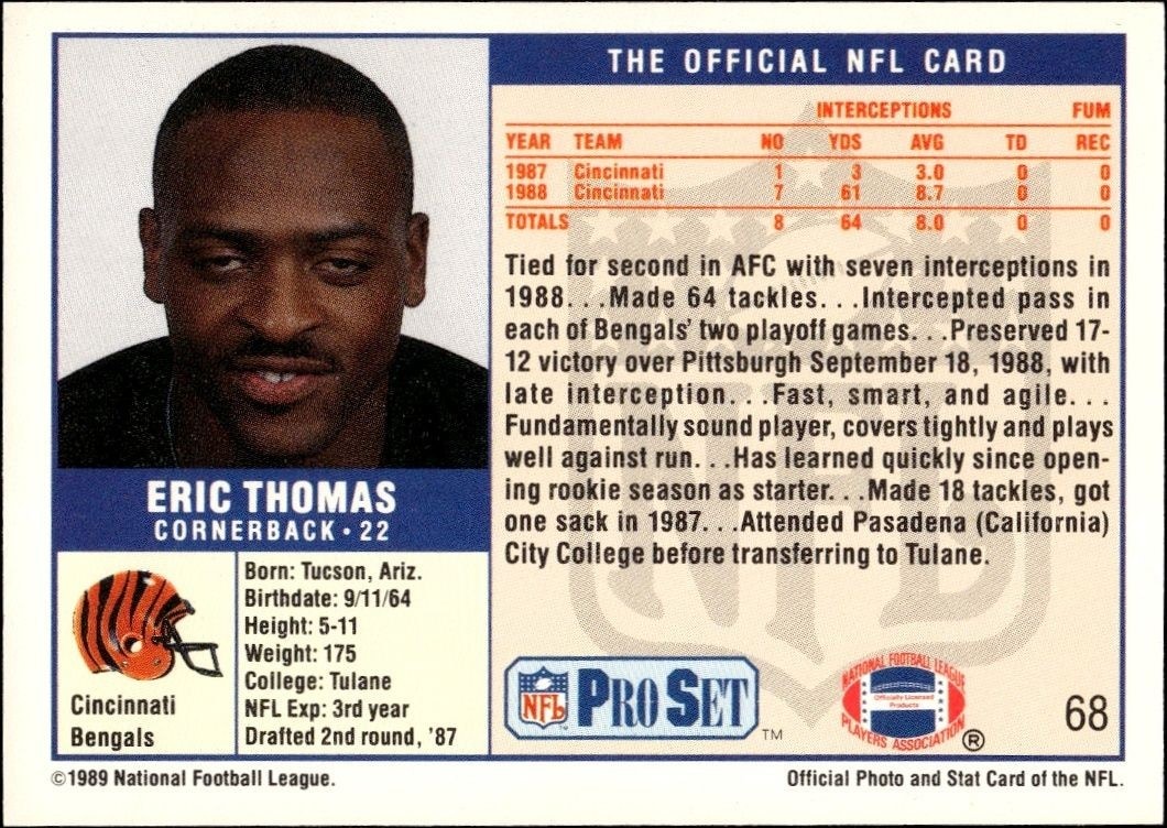 1989 Pro Set Eric Thomas #68 football trading card back