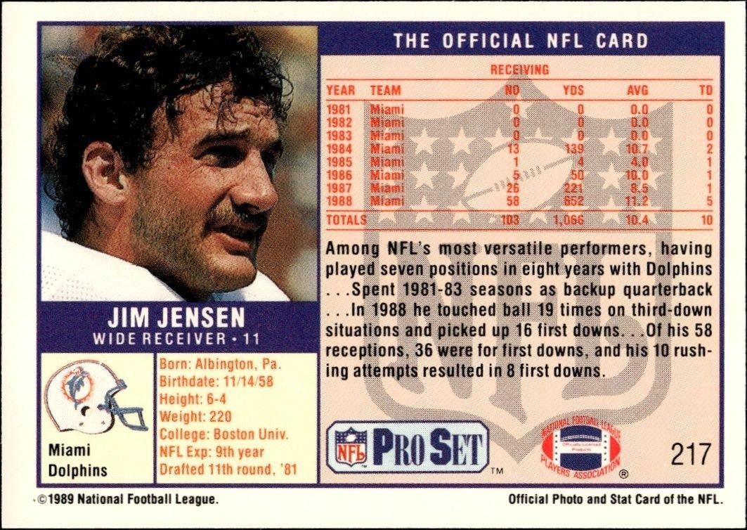 1989 Pro Set Jim Jensen #217 football trading card back