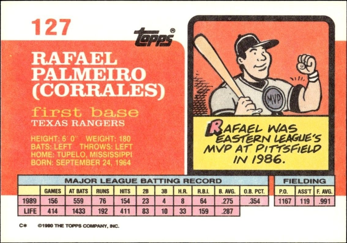 1990 Topps Big Rafael Palmeiro #127 baseball trading card back