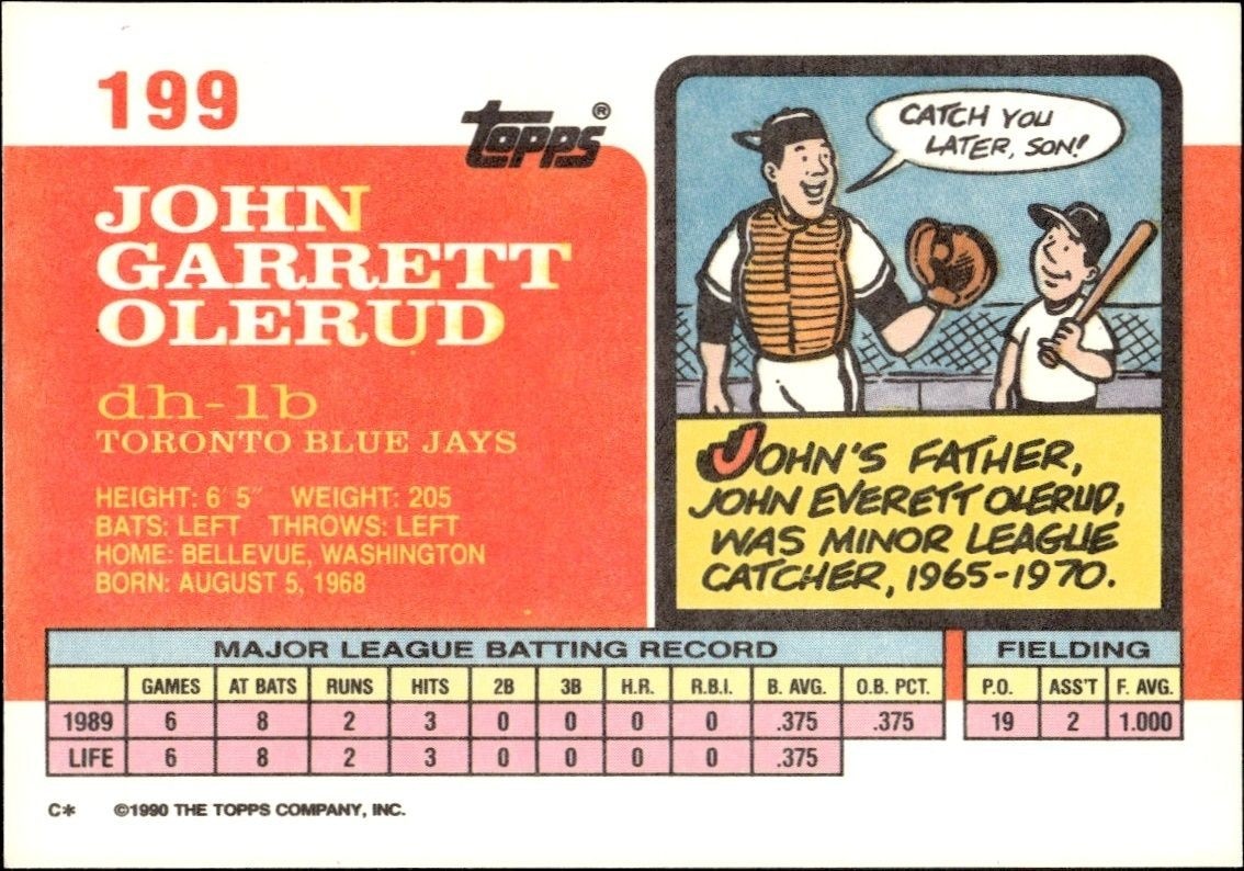 1990 Topps Big John Olerud #199 baseball trading card back