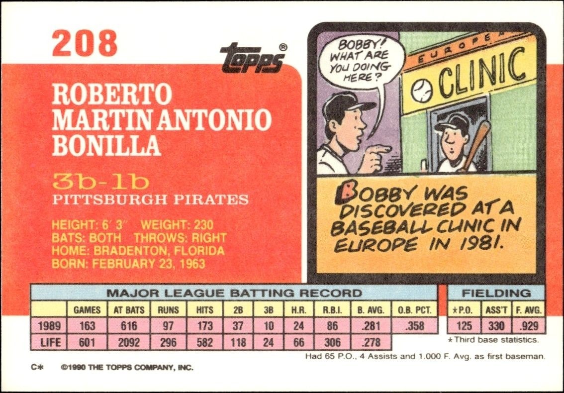 1990 Topps Big Bobby Bonilla #208 baseball trading card back