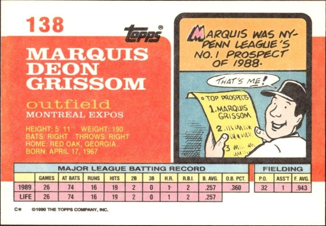 1990 Topps Big Marquis Grissom #138 baseball trading card back