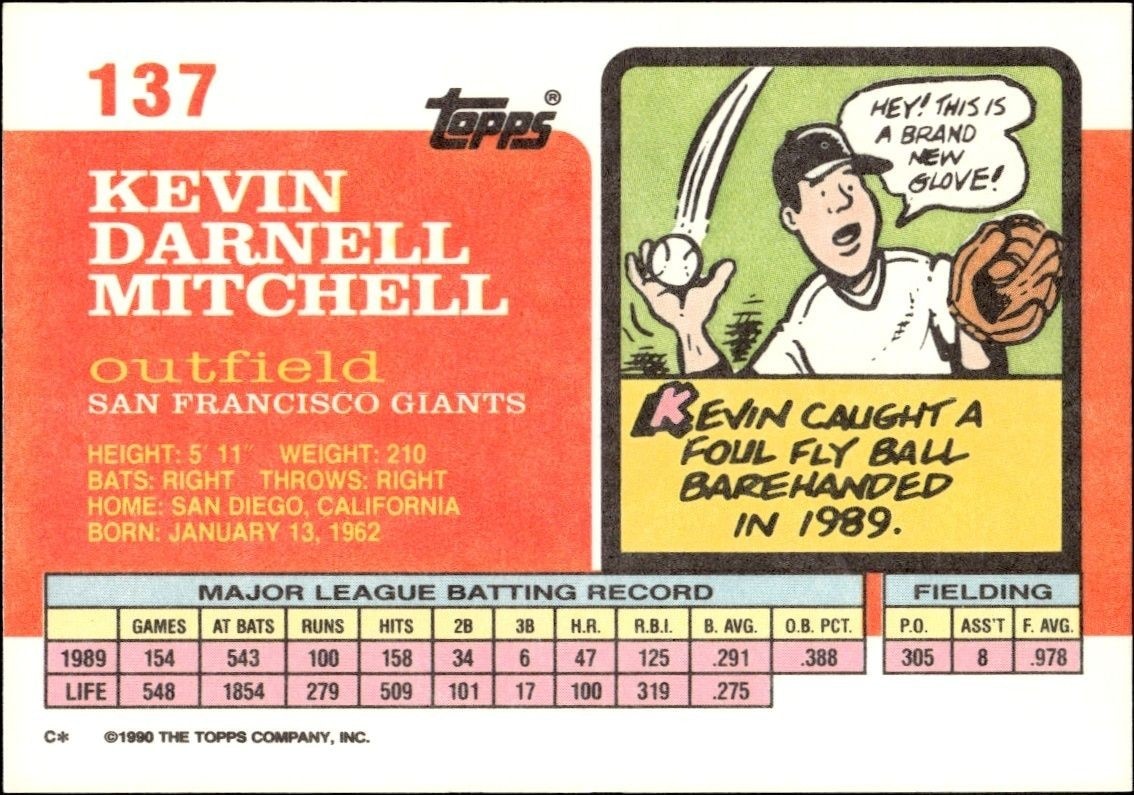 1990 Topps Big Kevin Mitchell #137 baseball trading card back