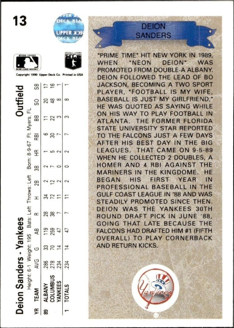 1990 Upper Deck Deion Sanders #13 baseball trading card back