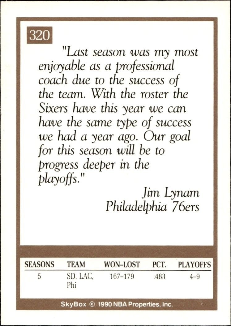 1990-91 Skybox Jim Lynam #320 basketball trading card back