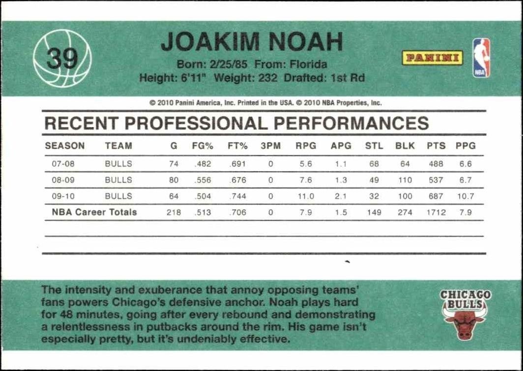 2010-11 Panini Donruss Joakim Noah #39 basketball trading card back
