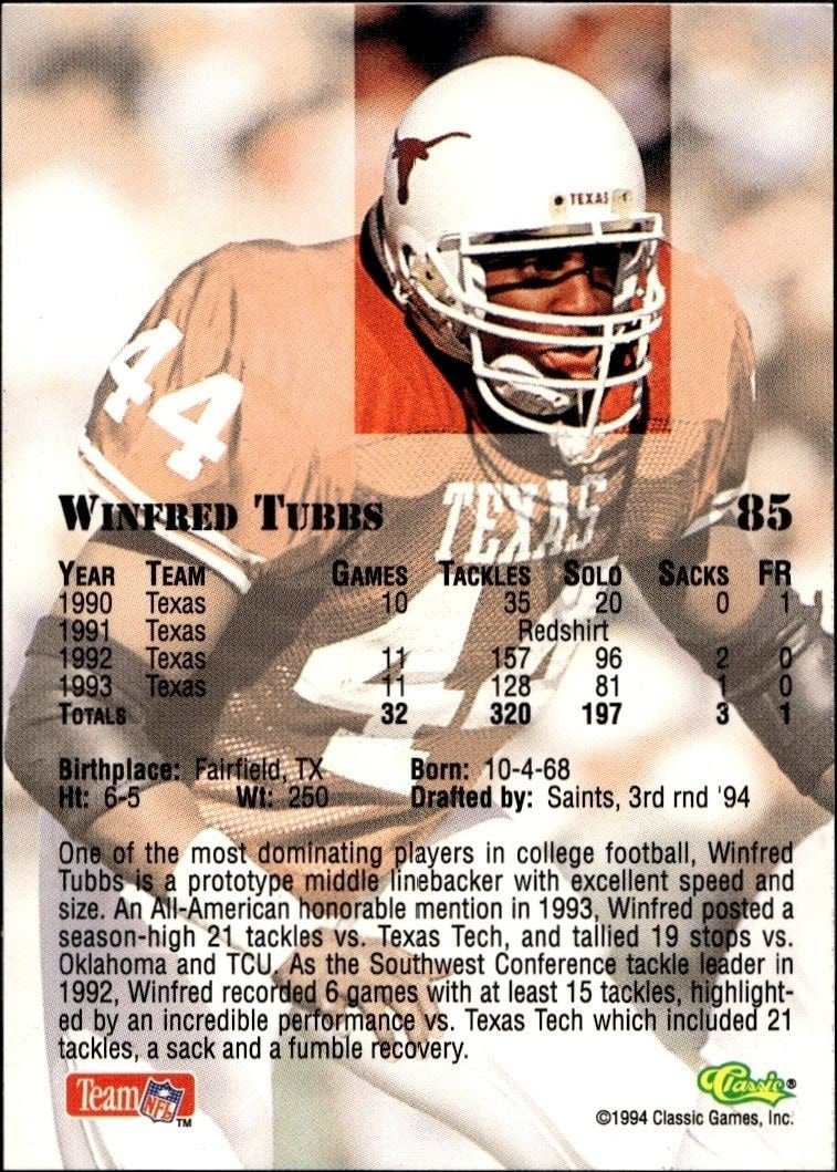 1994 Classic NFL Draft Winfred Tubbs #85 football trading card back