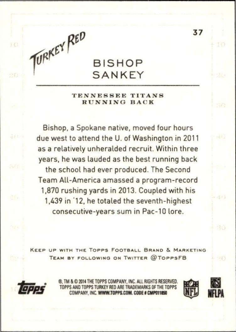 2014 Topps Turkey Red Bishop Sankey #37 football trading card back