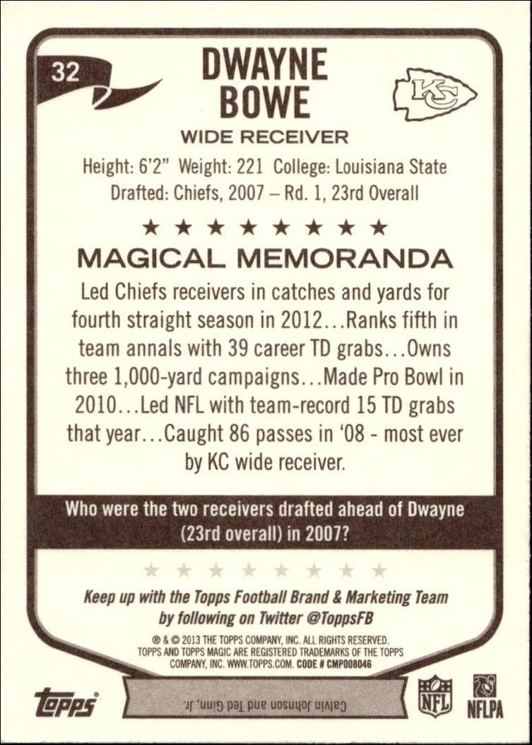 2013 Topps Magic Dwayne Bowe #32 football trading card back