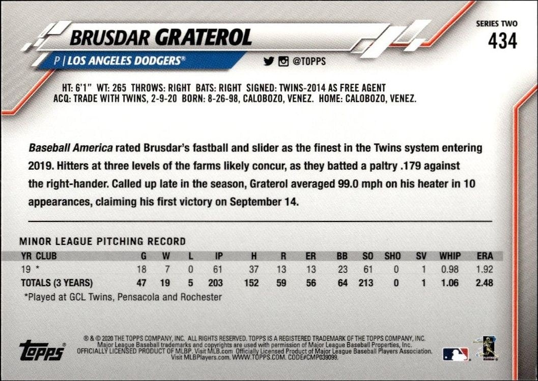 2020 Topps Series 2 Brusdar Graterol #434 baseball trading card back