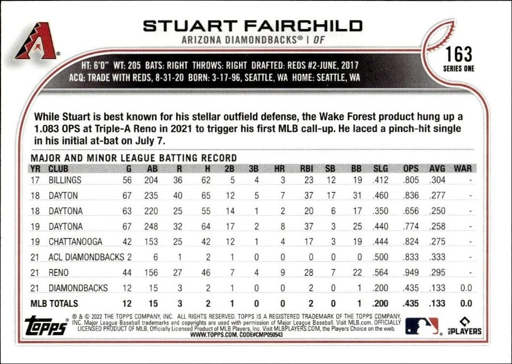 2022 Topps Stuart Fairchild #163 baseball trading card back