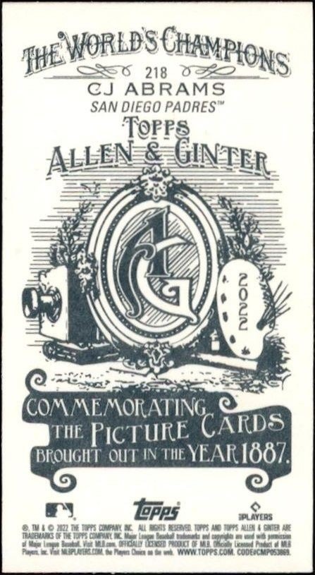 2022 Topps Allen & Ginter CJ Abrams #218 baseball trading card back