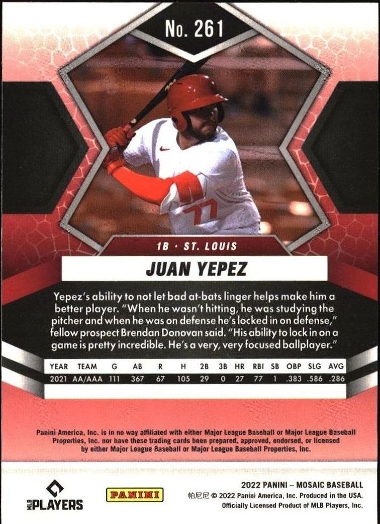 2022 Panini Mosaic Juan Yepez #261 baseball trading card back