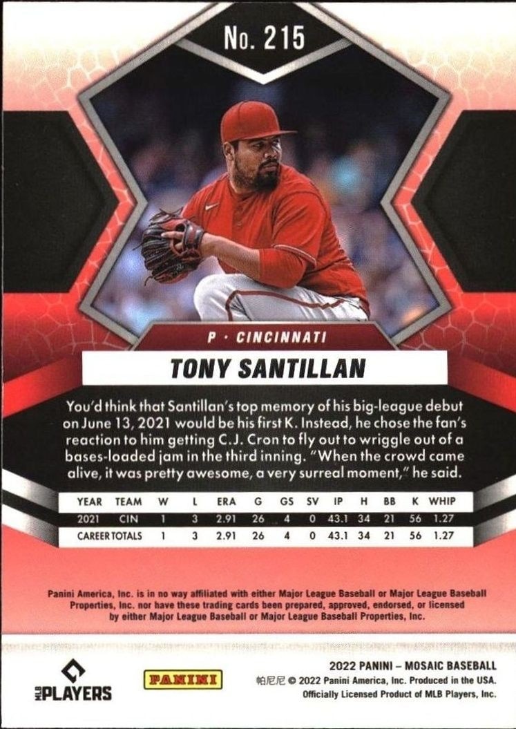2022 Panini Mosaic Tony Santillan #215 baseball trading card back