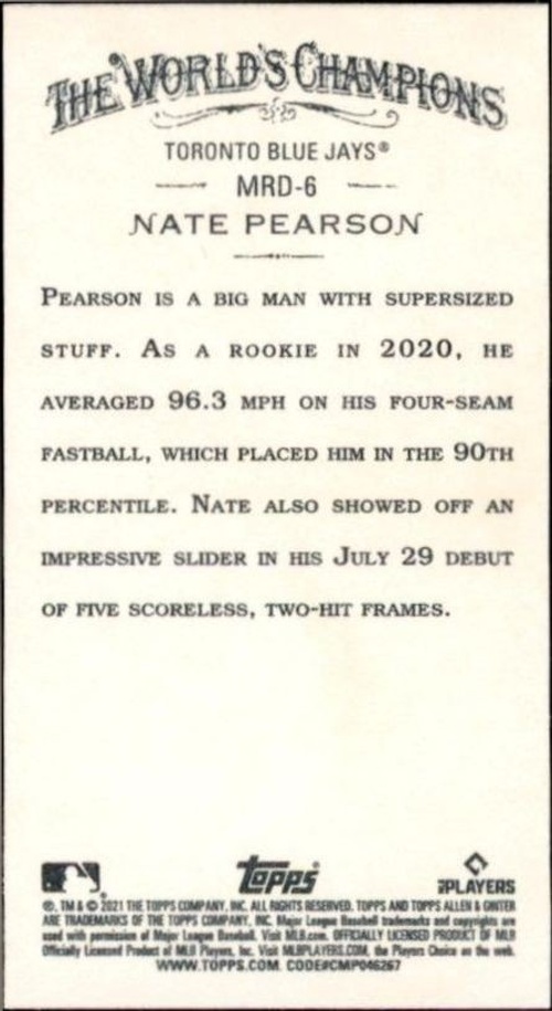 2021 Topps Allen & Ginter Nate Pearson #MRD-6 baseball trading card back