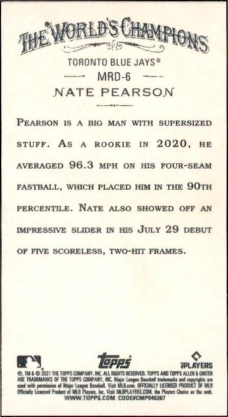 2021 Topps Allen & Ginter Nate Pearson #MRD-6 baseball trading card back