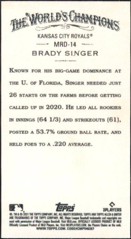 2021 Topps Allen & Ginter Brady Singer #MRD-14 baseball trading card back