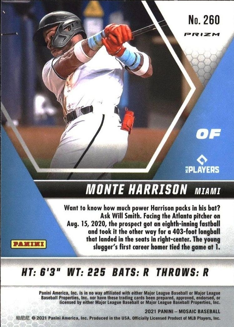 2021 Panini Mosaic Monte Harrison #260 baseball trading card back
