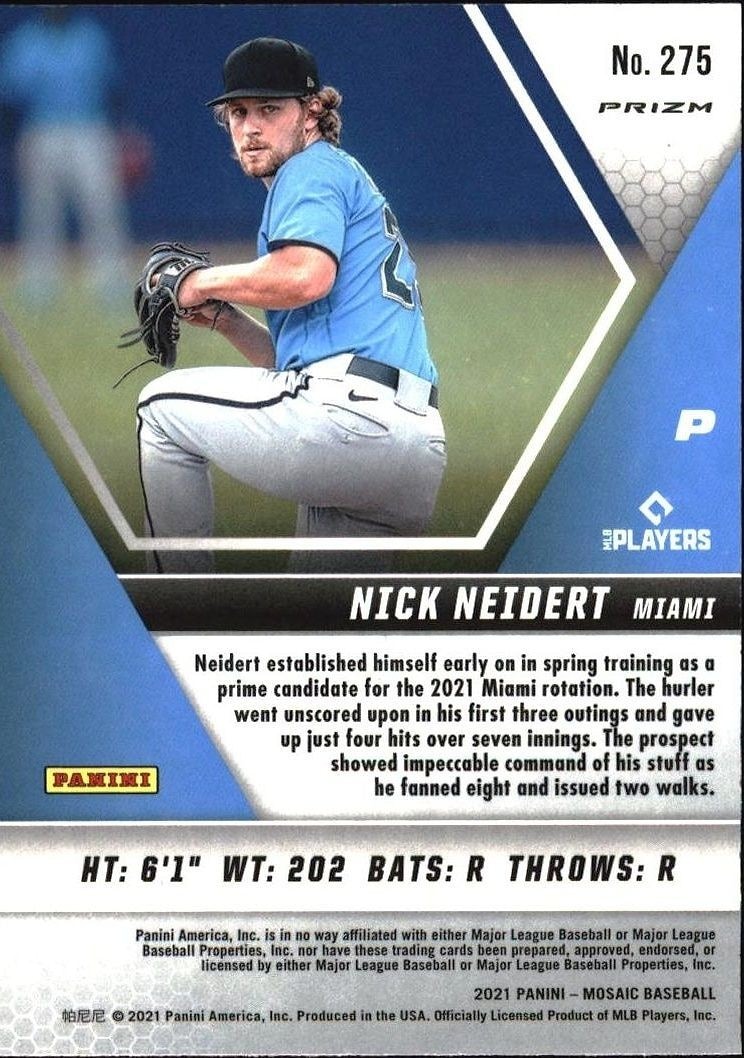 2021 Panini Mosaic Nick Neidert #275 baseball trading card back