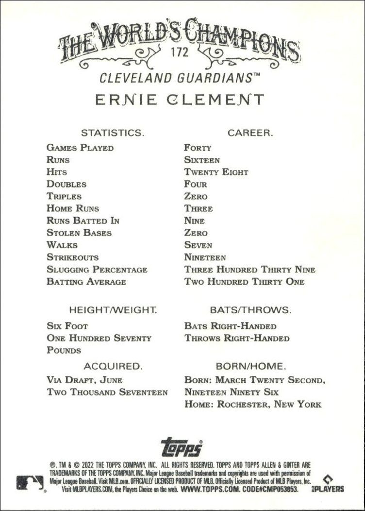 2022 Topps Allen & Ginter Ernie Clement #172 baseball trading card back