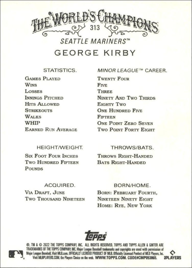 2022 Topps Allen & Ginter George Kirby #313 baseball trading card back